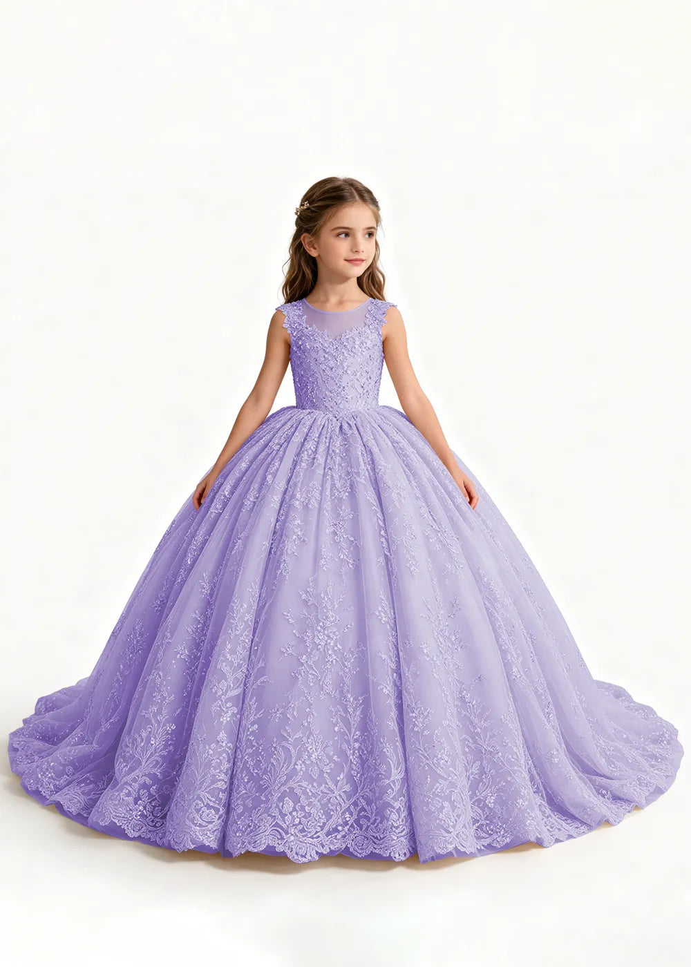 Champagne Flower Girl Gown with Floral Lace and Train