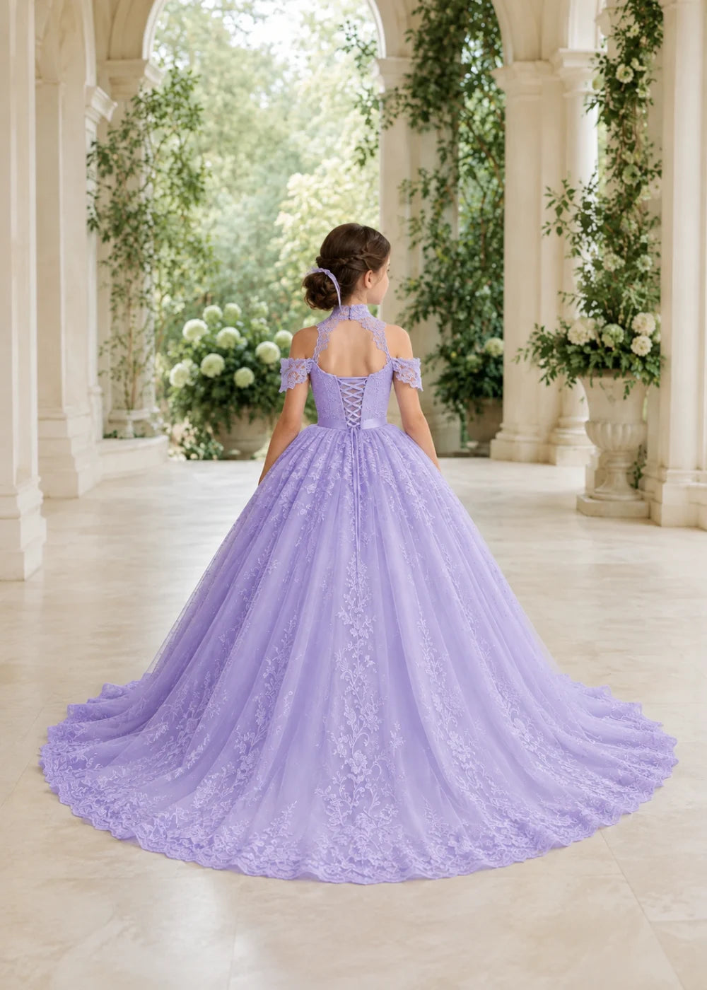 Lavender Flower Girl Gown with Floral Neckline and Train