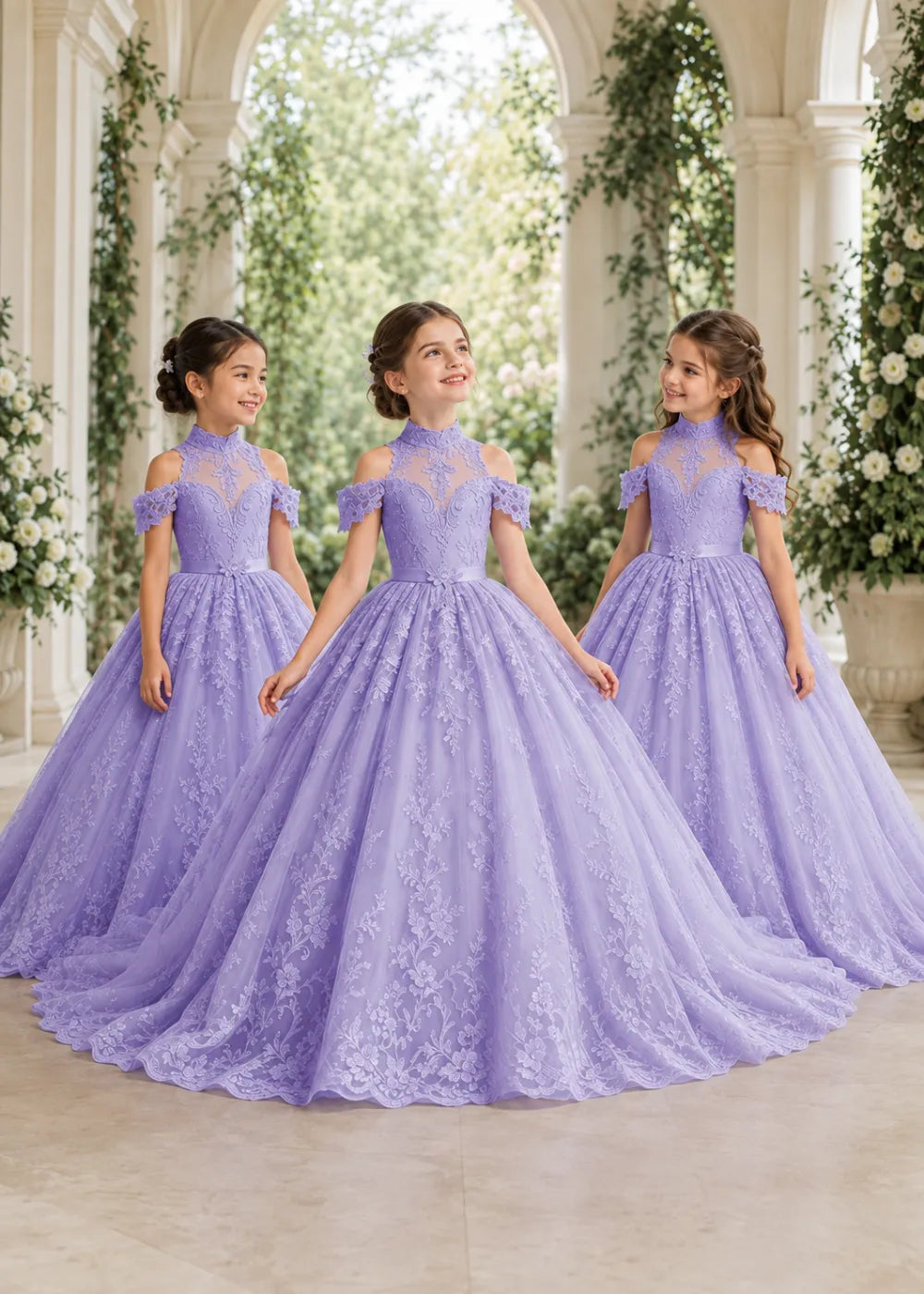 Lavender Flower Girl Gown with Floral Neckline and Train
