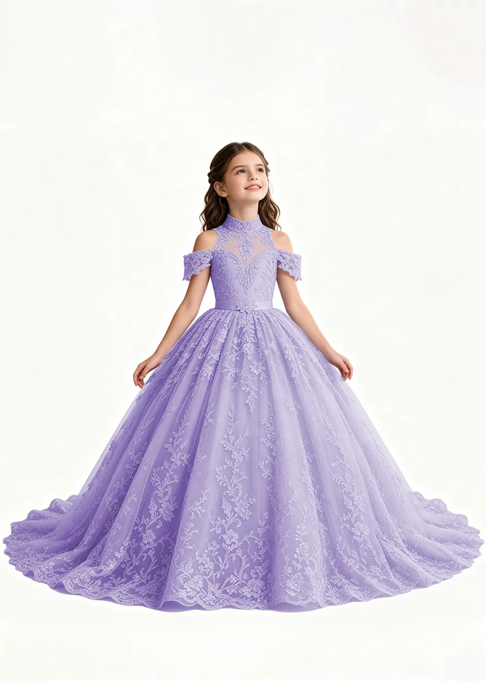 Lavender Flower Girl Gown with Floral Neckline and Train