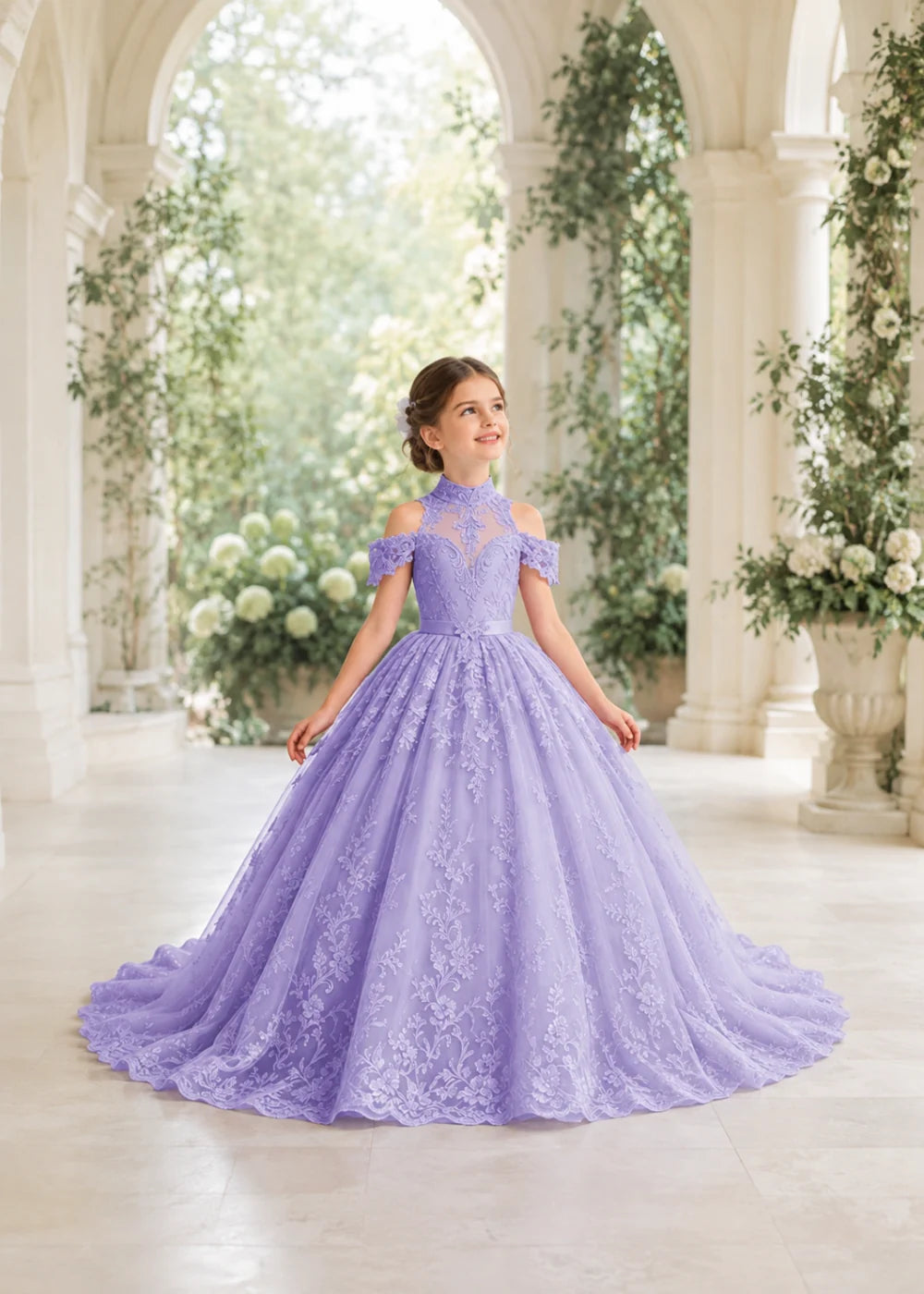 Lavender Flower Girl Gown with Floral Neckline and Train