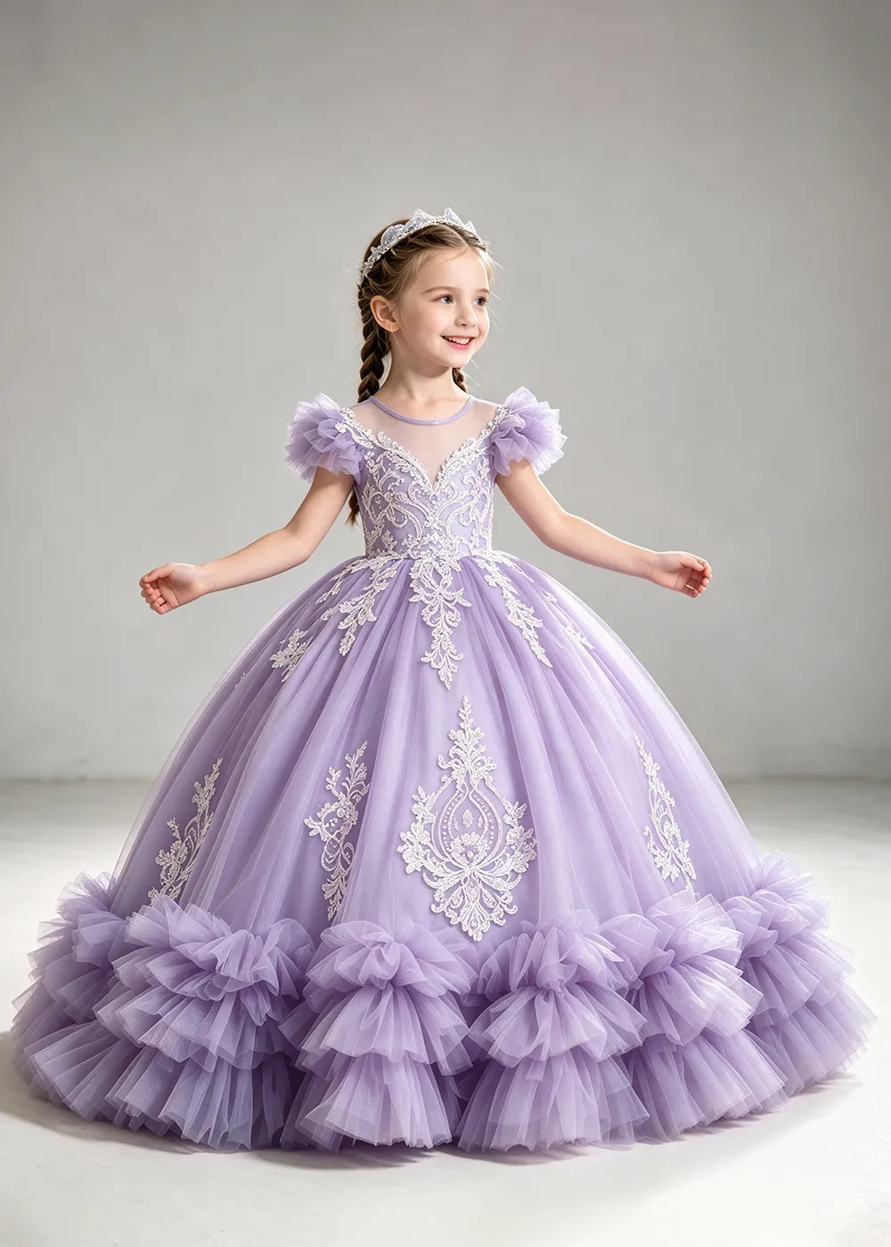 Muted Dusty Blue Flower Girl Ball Gown with White Floral Detail