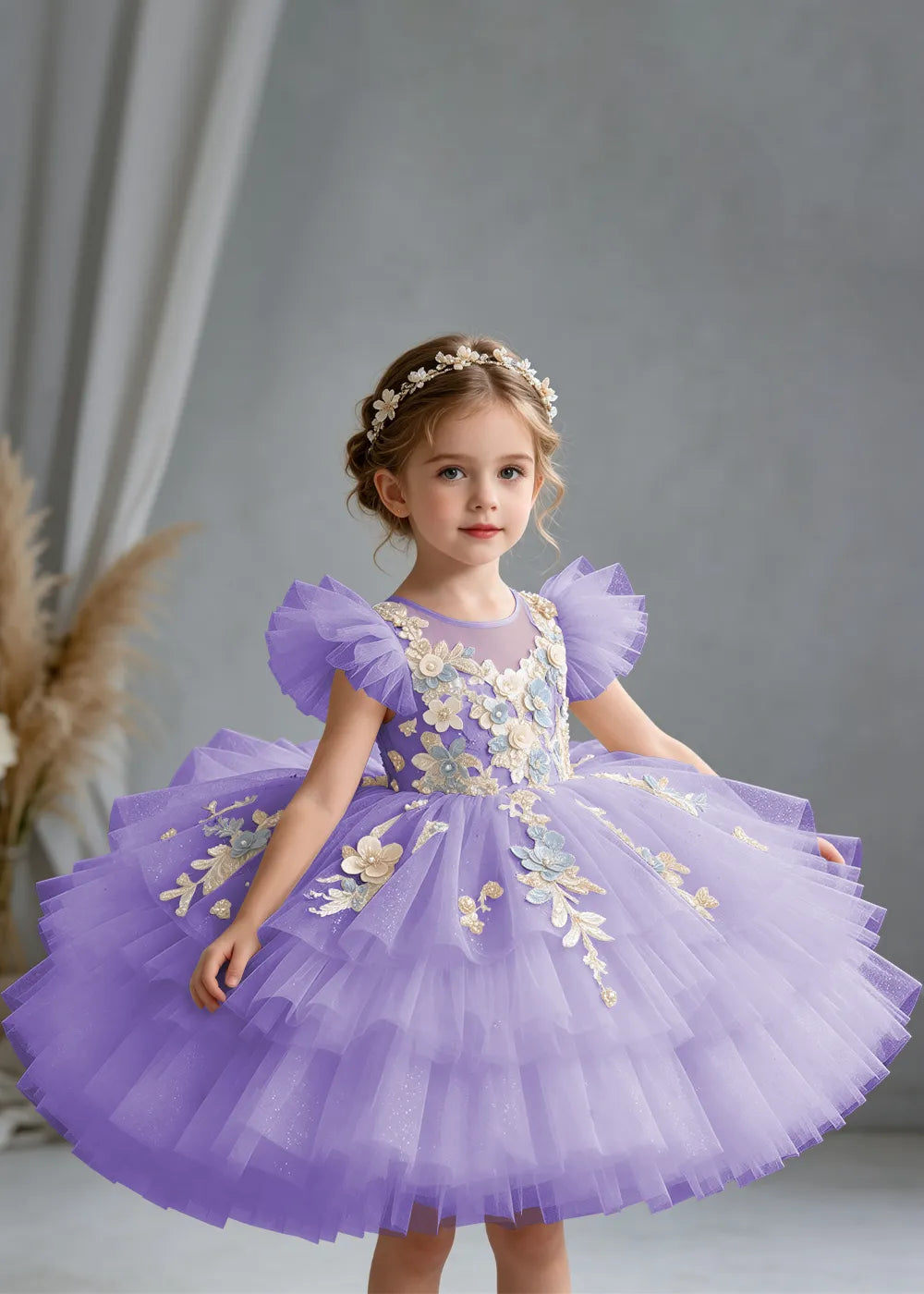 Flower girl dress in Lavender, front view.
