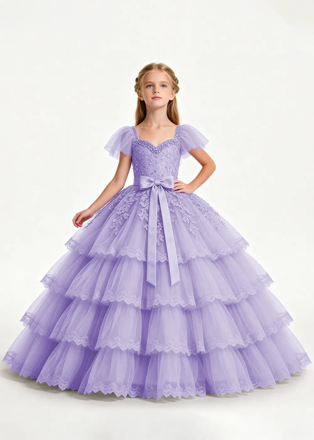 Pale Lavender Four-Tier Flower Girl Gown with Front Bow