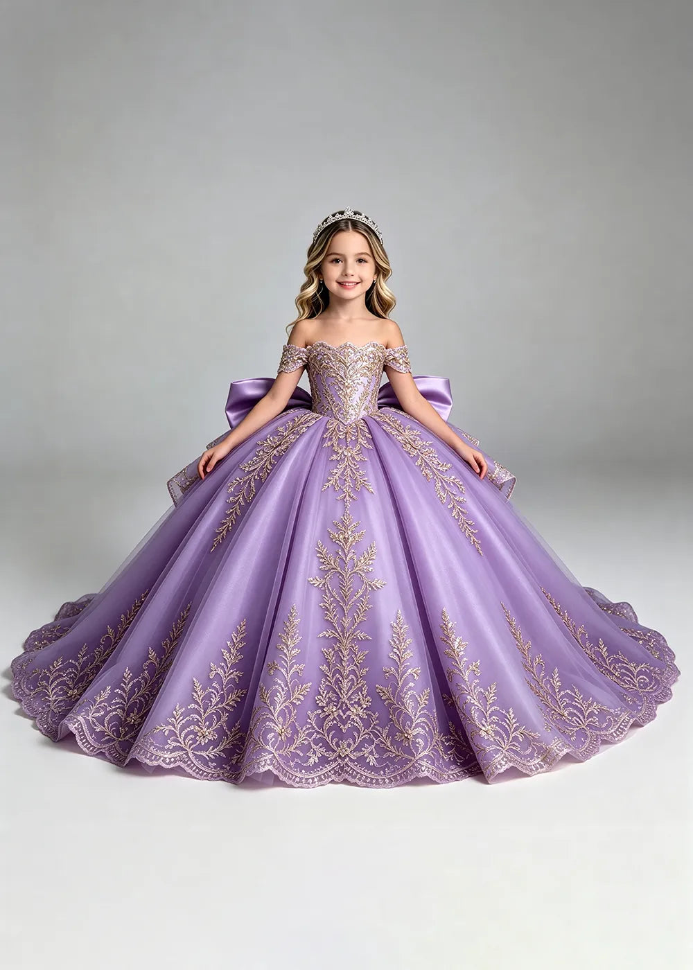 Off-Shoulder Lace Flower Girl Dress with Bow and Scalloped Hem