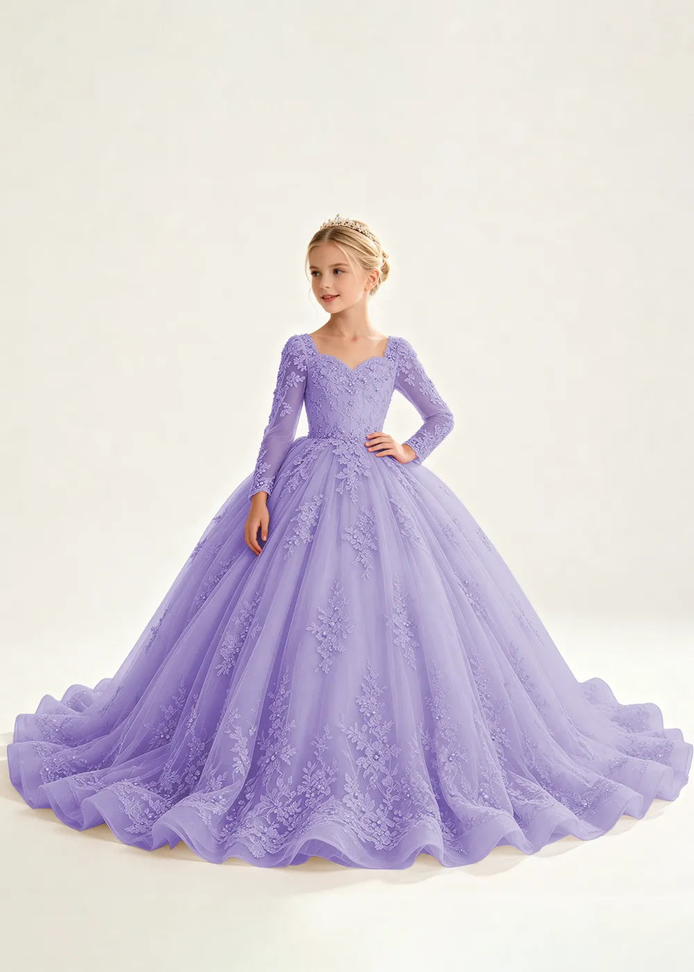 Flower Girl Dress with Long Lace Sleeves and Train