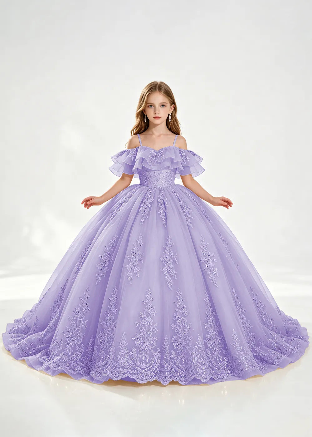 Champagne Off-Shoulder Lace-Hem Flower Girl Dress