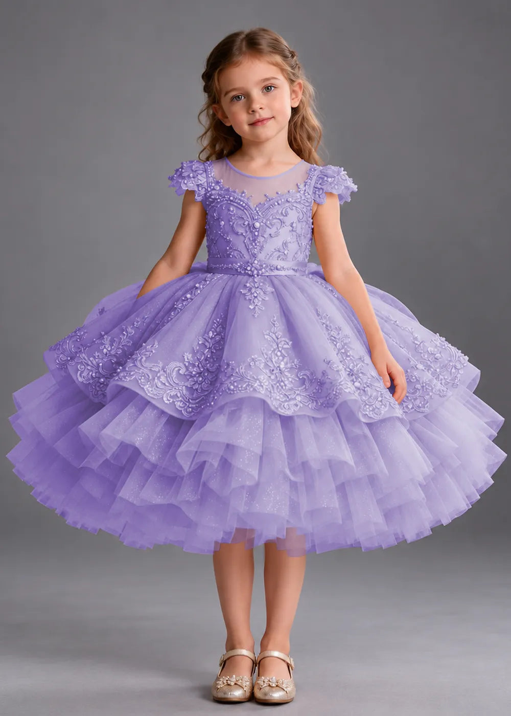 Gold Knee-Length Flower Girl Dress with Scalloped Lace Overlay