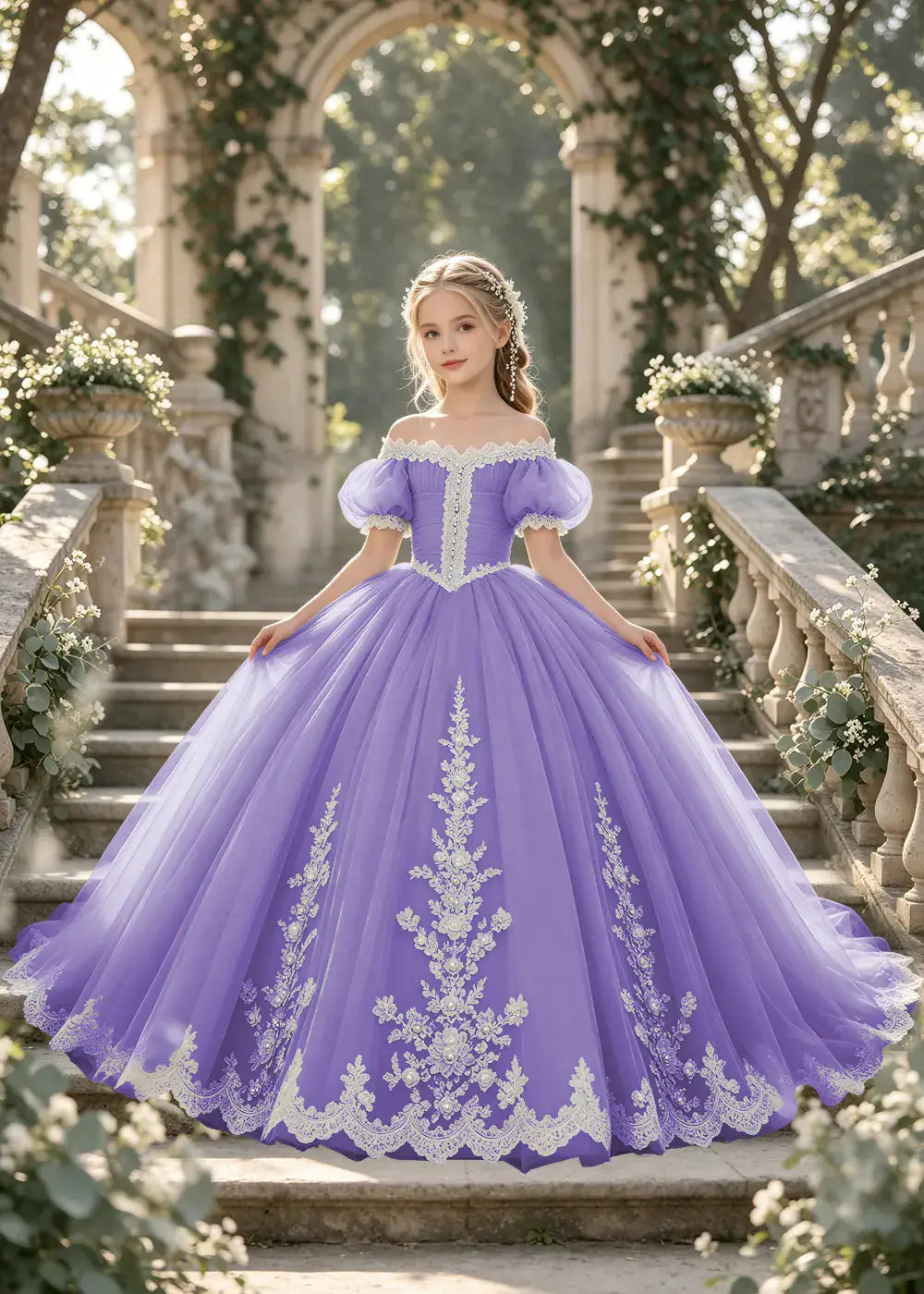 Flower girl dress in Lavender, front view.