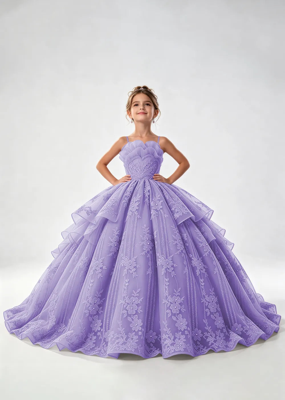 Flower girl dress in Lavender, front view.