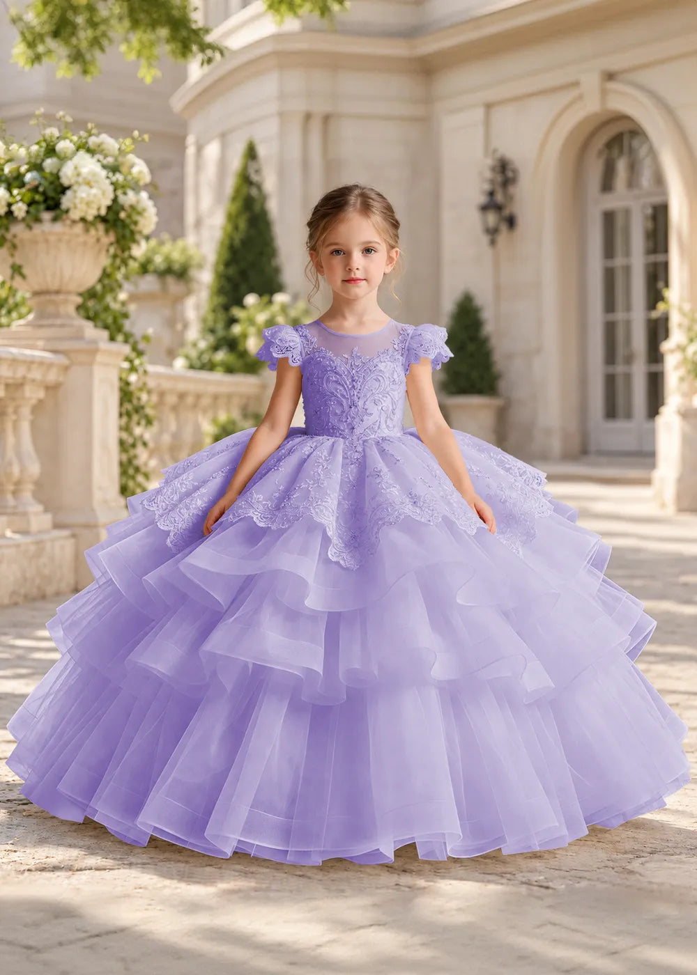 White Flower Girl Ball Gown with Scalloped Lace and Tiered Ruffles