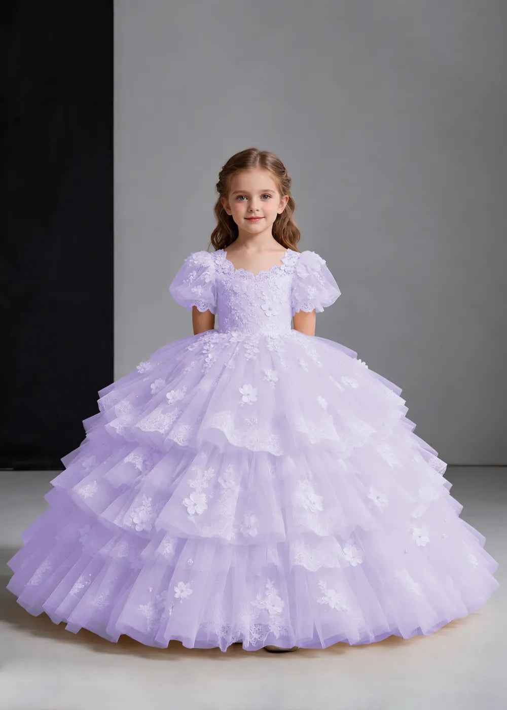 Flower girl dress in Lavender, front view.