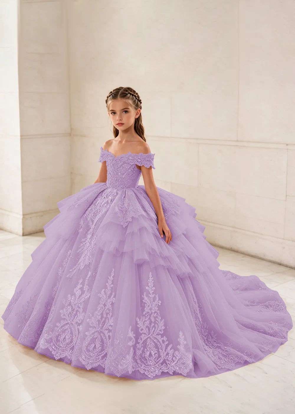 Ruffled Off Shoulder Lace Flower Girl Ball Gown Dress