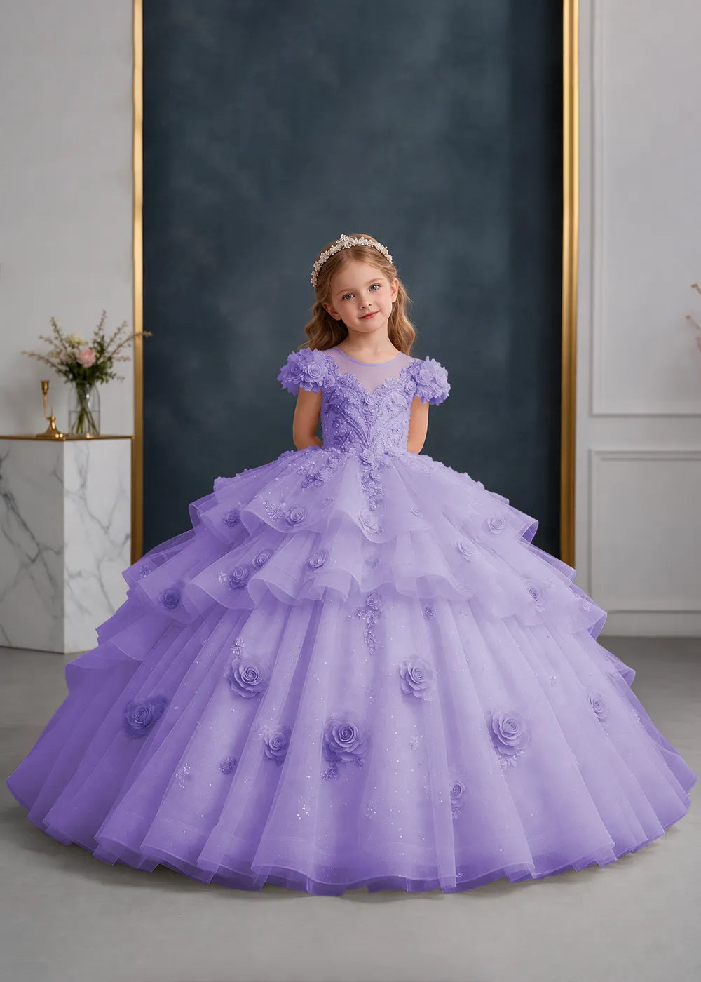 Pink Rose-Applique Flower Girl Ball Gown with Cascading Ruffles