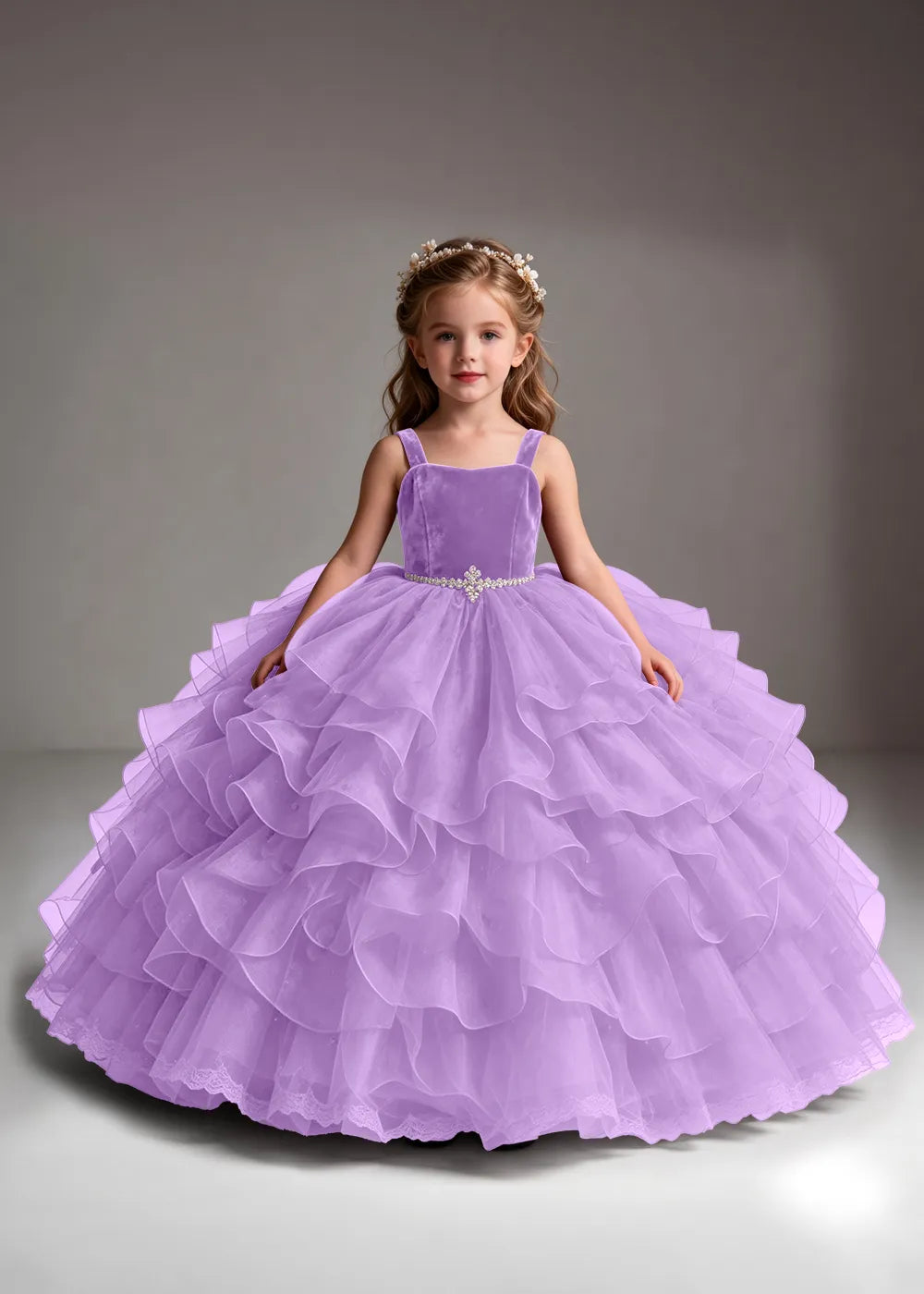 White Flower Girl Dress with Cascading Ruffles and a Square Neckline