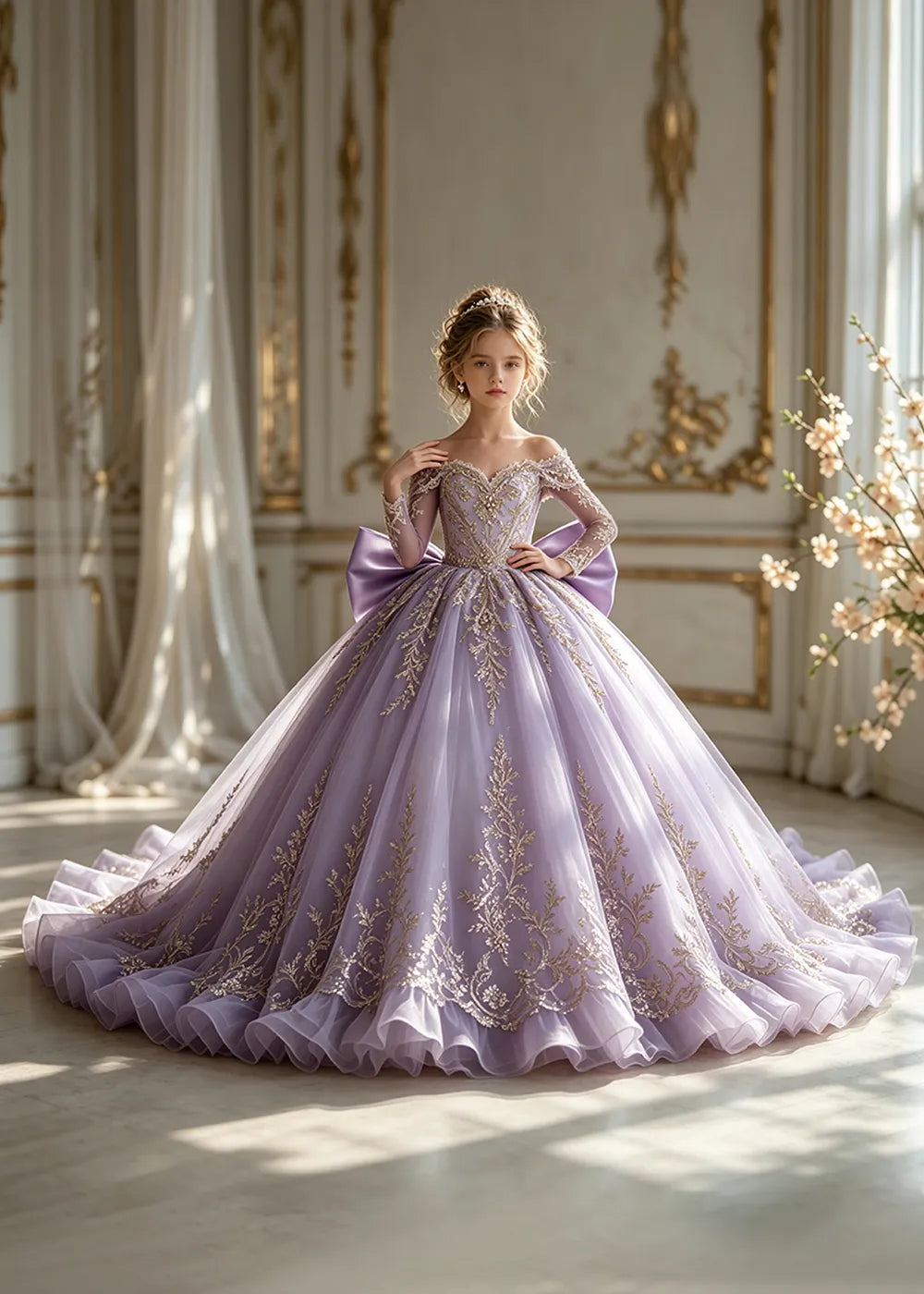Off-Shoulder Sequin Lace Flower Girl Dress with Bow and Flounced Hem