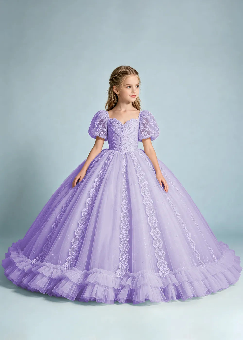 Warm Ivory Flower Girl Gown with Puff Sleeves and Ruffled Hem