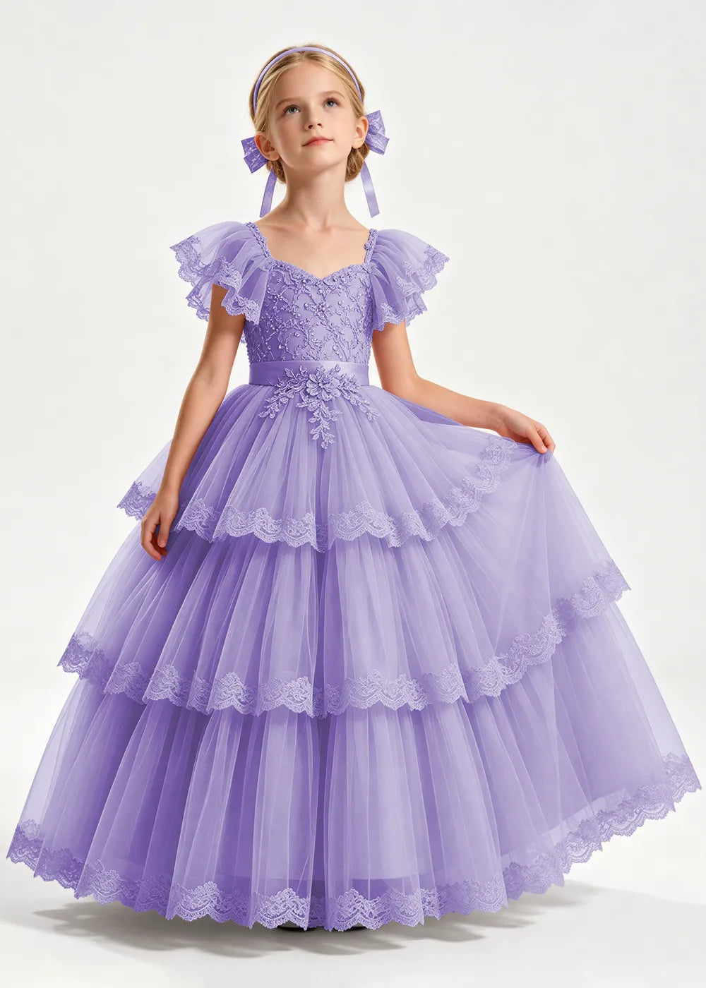 Warm Blush Pink Flower Girl Ball Gown with Three Lace-Edged Tiers