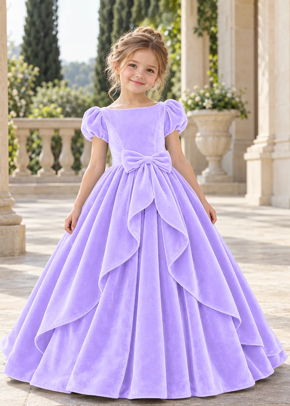 Front view of a child wearing a lavender flower girl dress with a square neckline, short puff sleeves and a large velvet bow above a full tiered skirt.