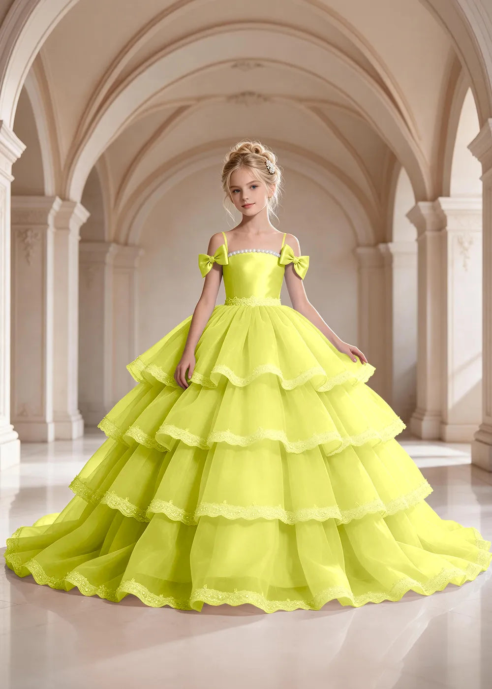 Light Blue Four-Tier Bow-Shoulder Flower Girl Dress