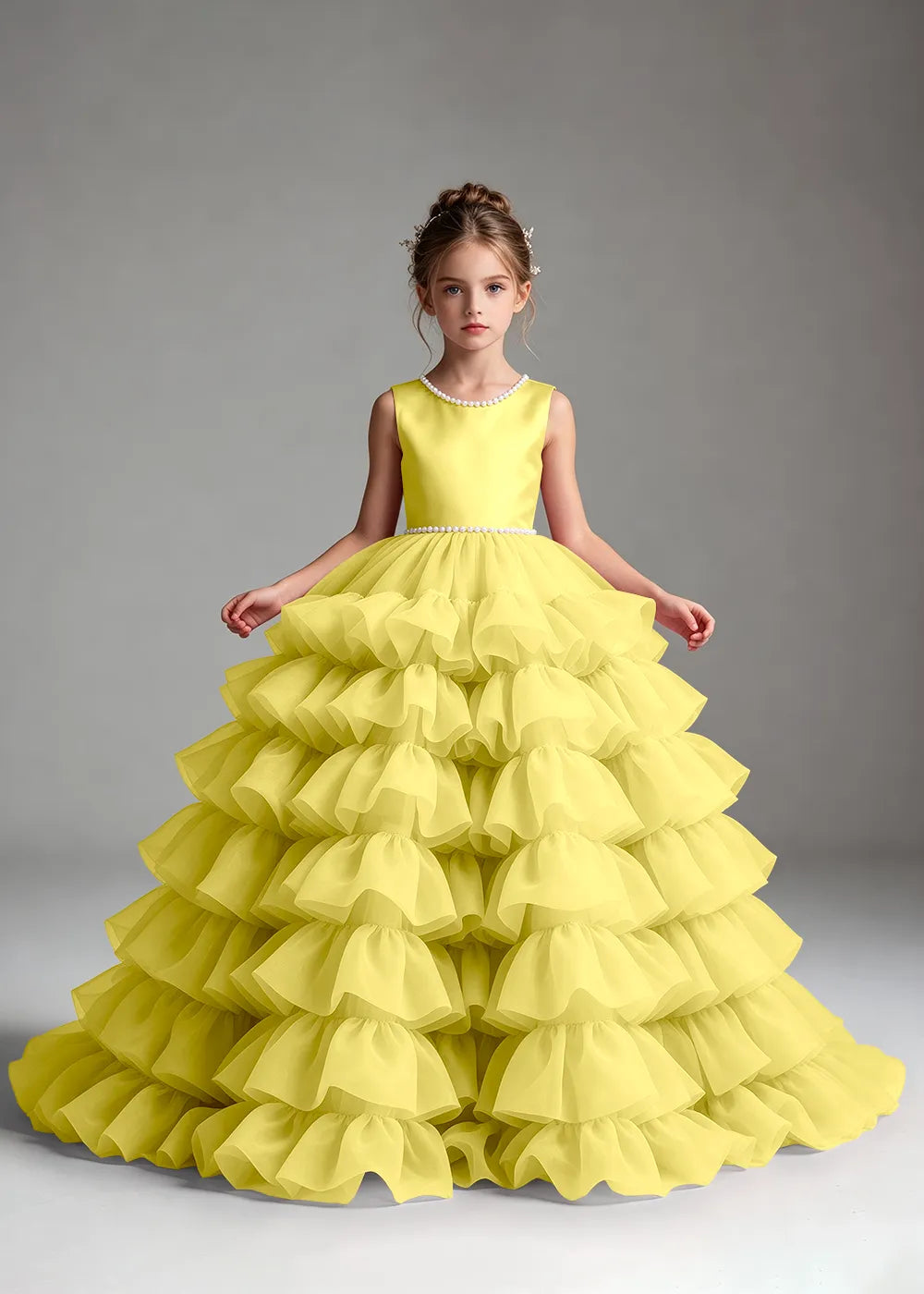 Royal Blue Pearl-Trimmed Tiered Ruffle Flower Girl Dress