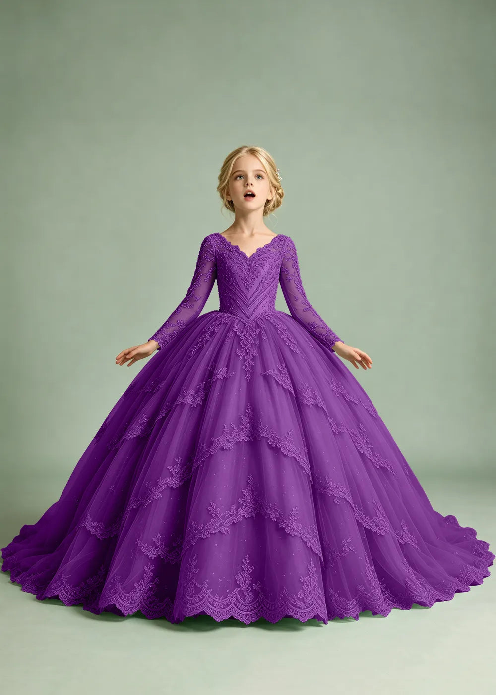 Long Sleeve Floral Lace Flower Girl Ball Gown Dress