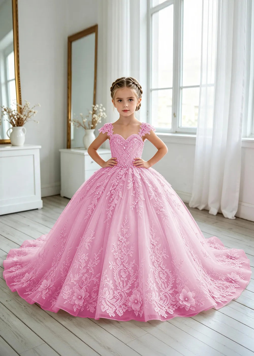 Floral V-Neck Lace Flower Girl Ball Gown Dress
