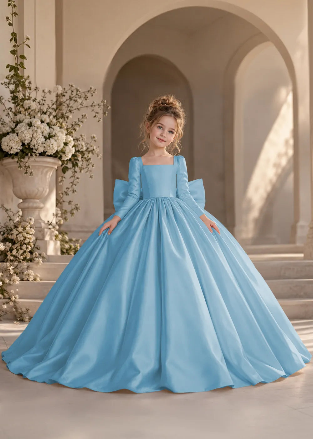 Dusty Blue Long-Sleeve Flower Girl Dress with a Full Skirt and Bow