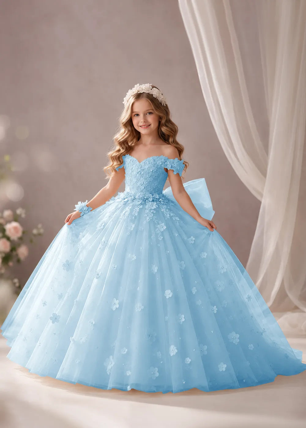 Pink Flower Girl Dress with Floral Appliques and a Full Skirt