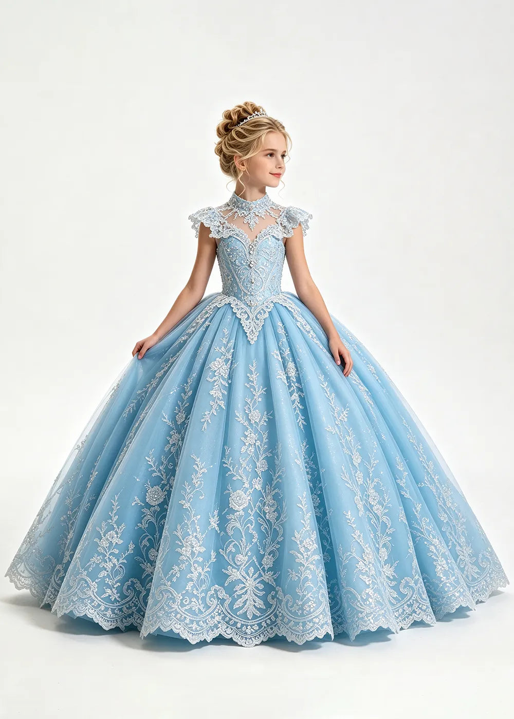 Pale Silver-Gray Blue Flower Girl Ball Gown with High Floral Collar
