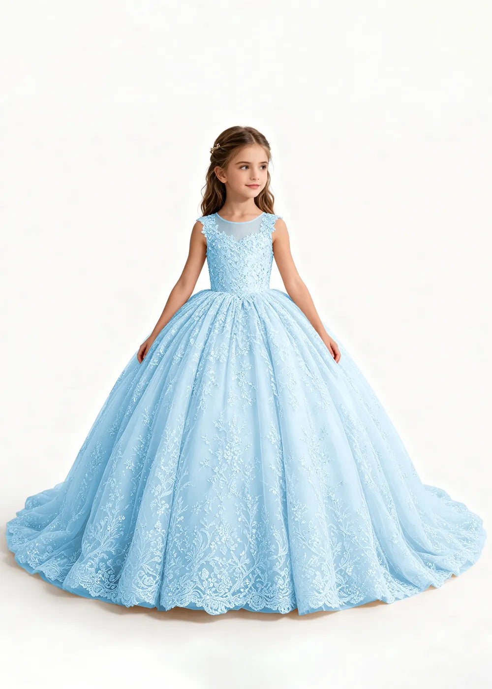 Champagne Flower Girl Gown with Floral Lace and Train