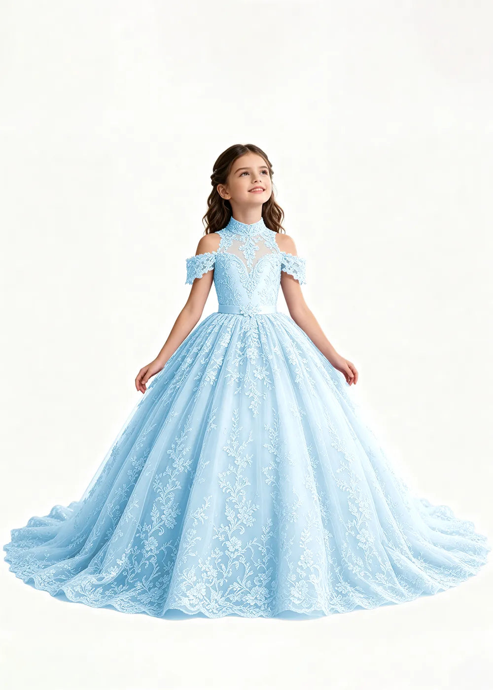 Lavender Flower Girl Gown with Floral Neckline and Train