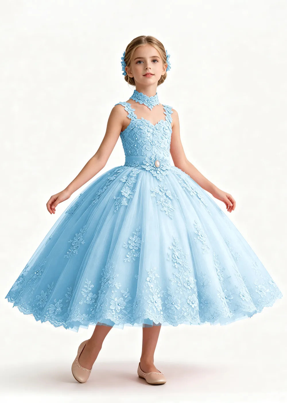 Pink Tea-Length Flower Girl Dress with Floral Neck Band