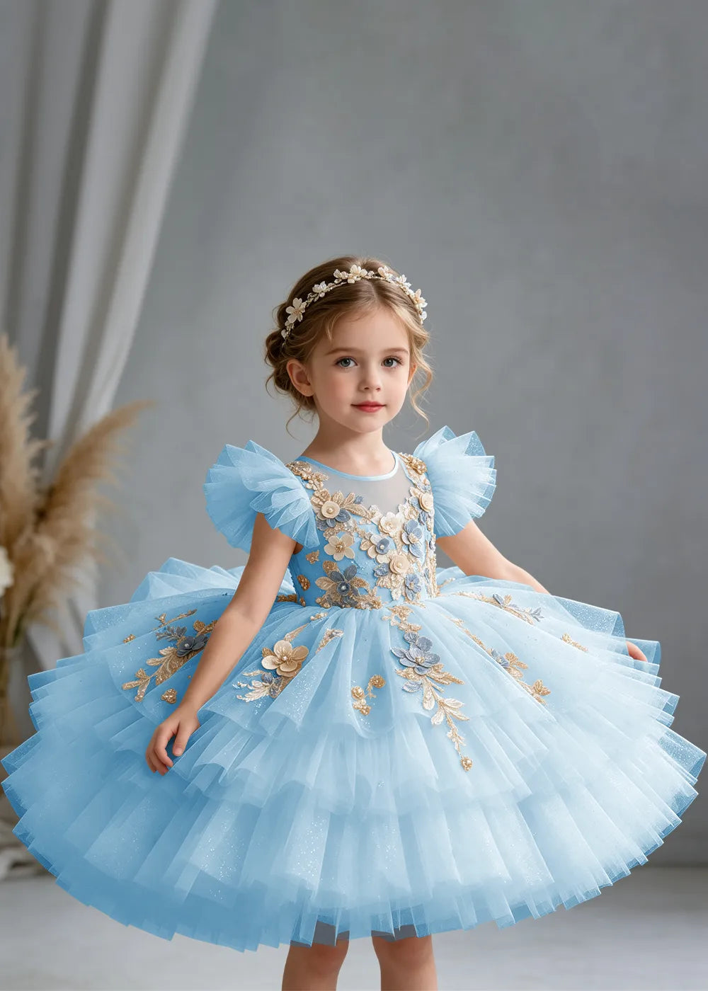 Flower girl dress in Light Blue, front view.