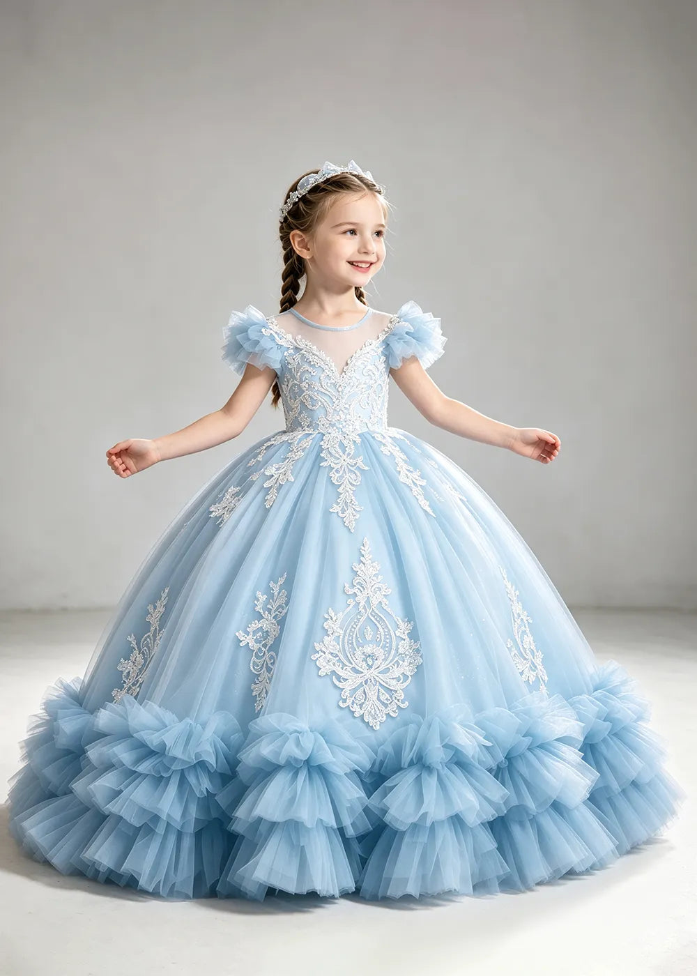 Muted Dusty Blue Flower Girl Ball Gown with White Floral Detail
