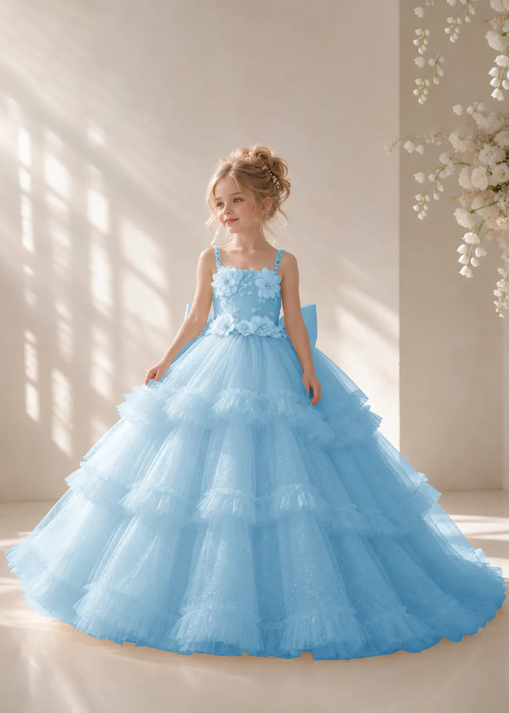 Front view of a child wearing a light blue flower girl dress with beaded spaghetti straps, a bodice covered in three-dimensional fabric flowers and a multi-tiered tulle skirt.