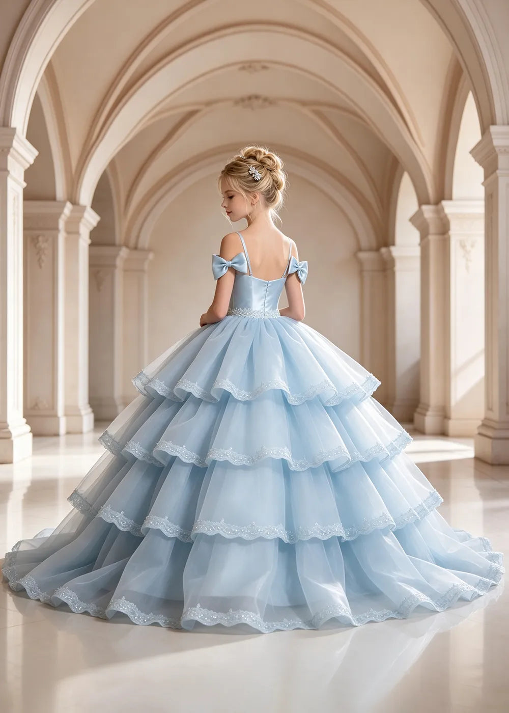 Light Blue Four-Tier Bow-Shoulder Flower Girl Dress