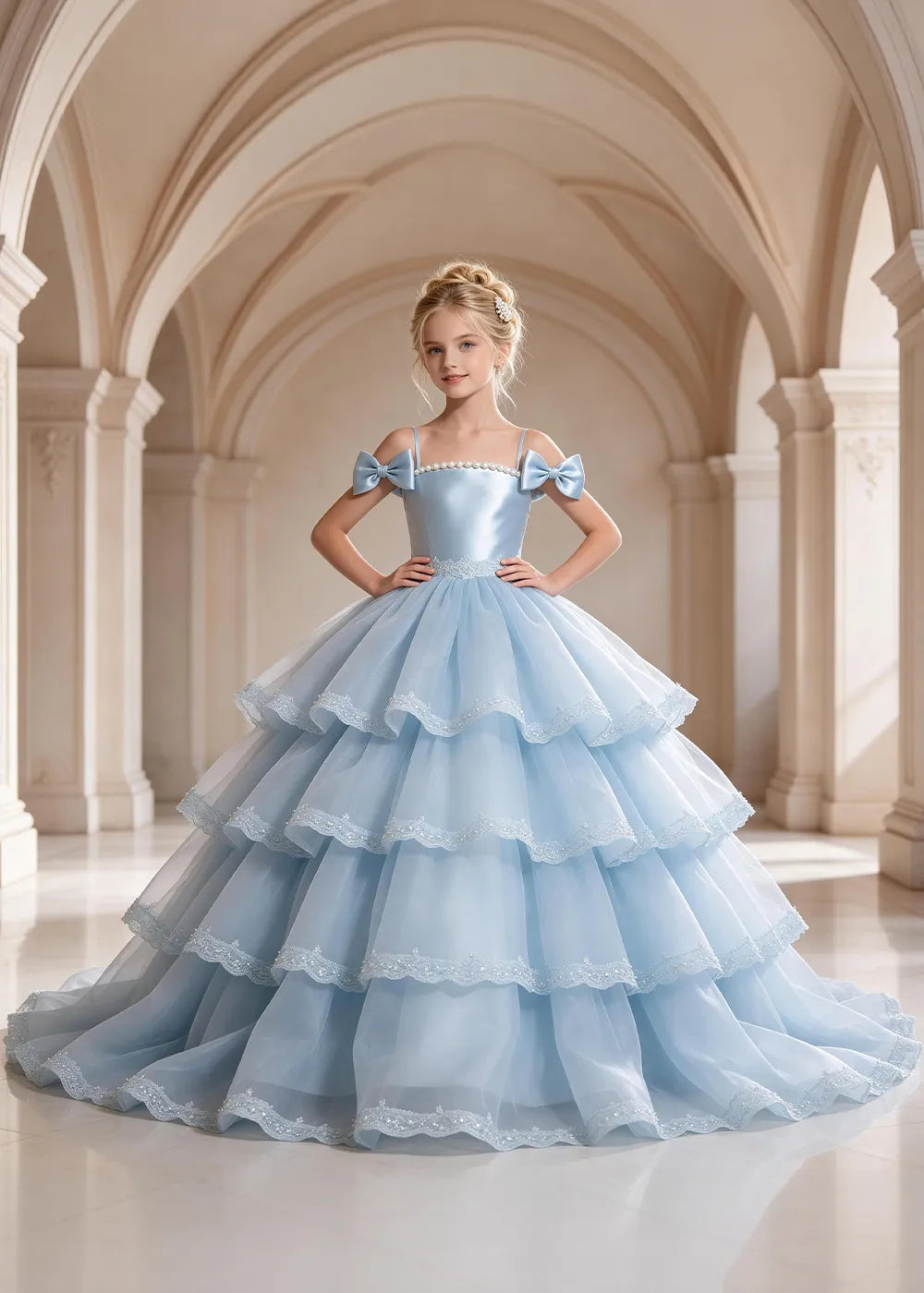 Light Blue Four-Tier Bow-Shoulder Flower Girl Dress