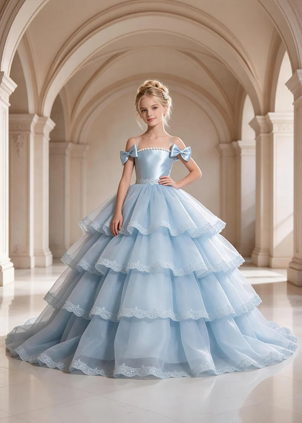 Light Blue Four-Tier Bow-Shoulder Flower Girl Dress