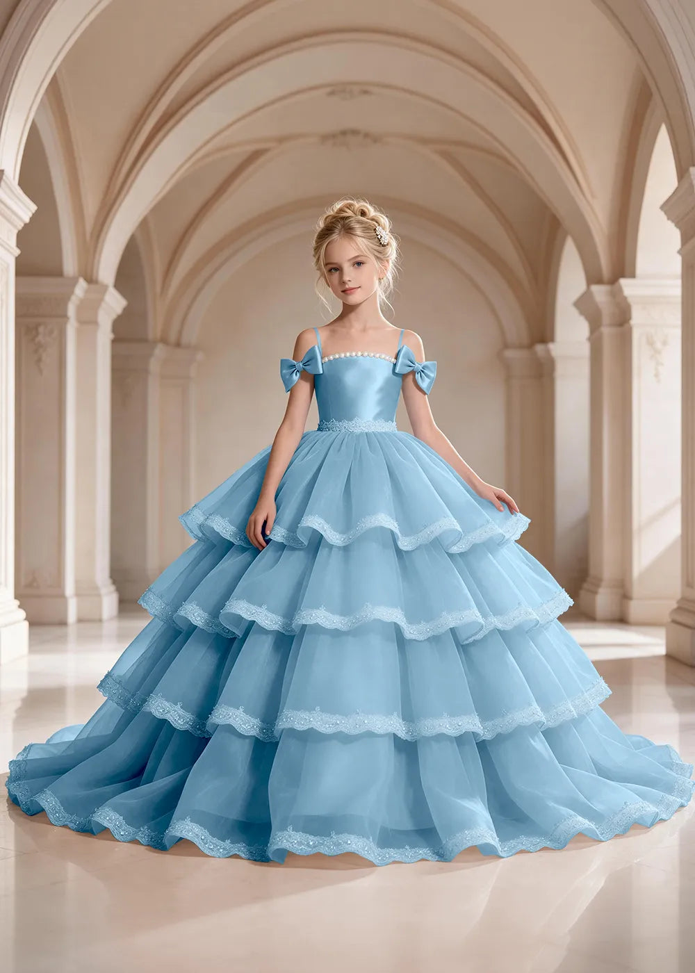 Light Blue Four-Tier Bow-Shoulder Flower Girl Dress