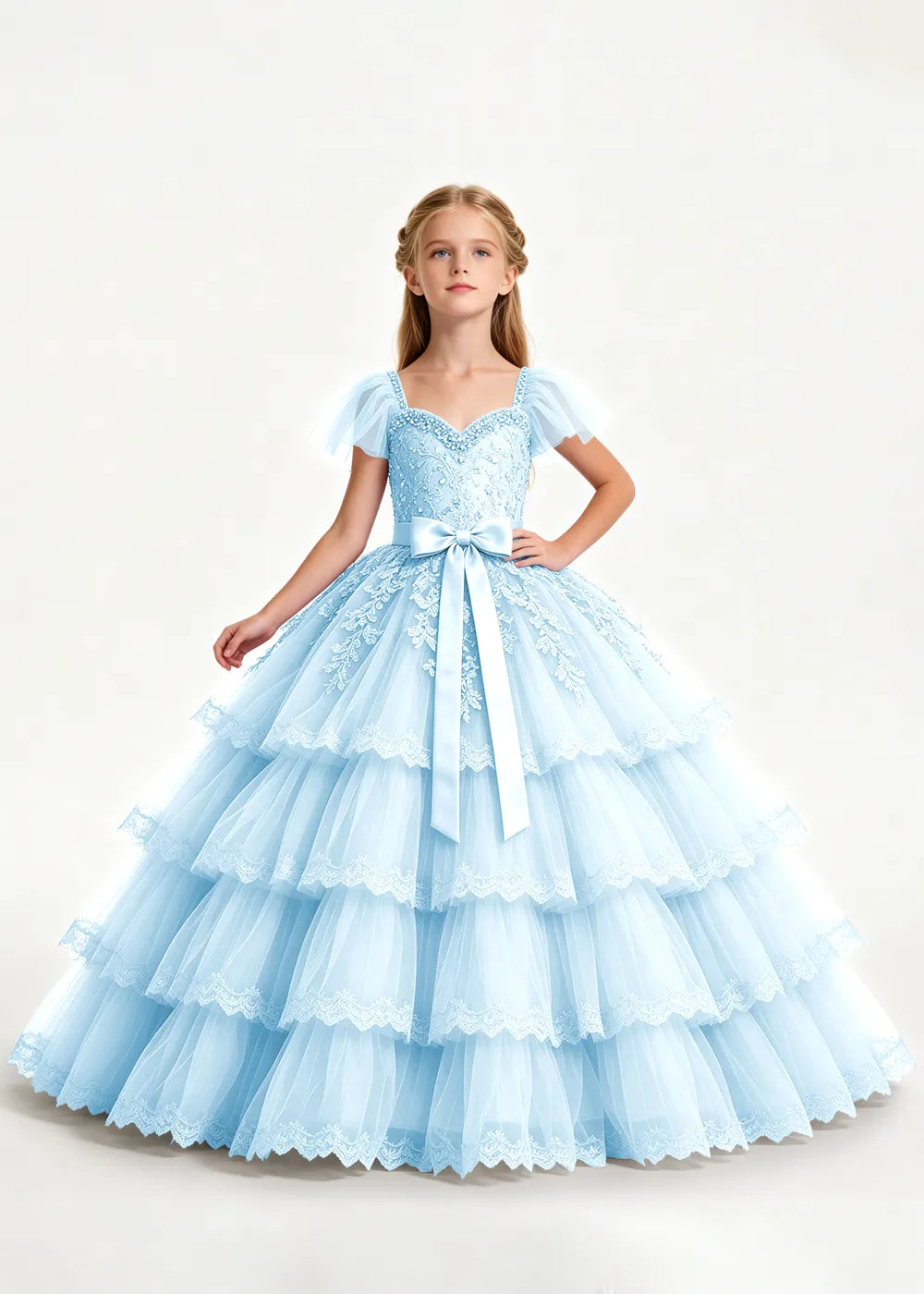 Pale Lavender Four-Tier Flower Girl Gown with Front Bow
