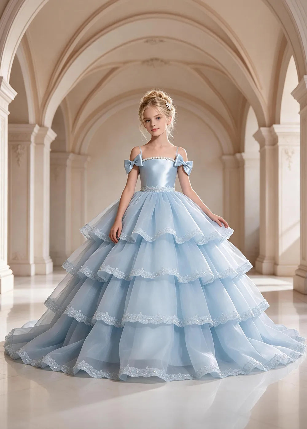 Light Blue Four-Tier Bow-Shoulder Flower Girl Dress