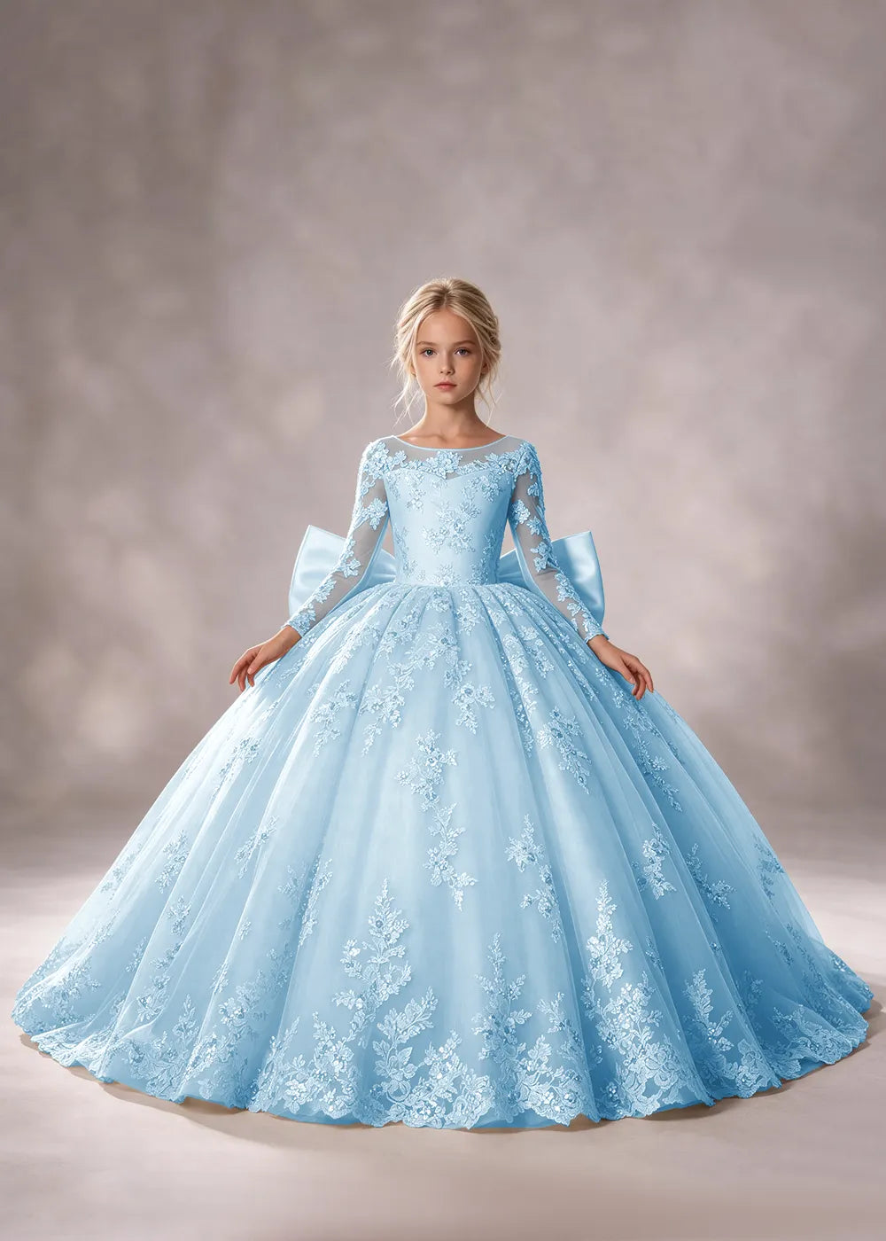 Flower girl dress in Light Blue, front view.