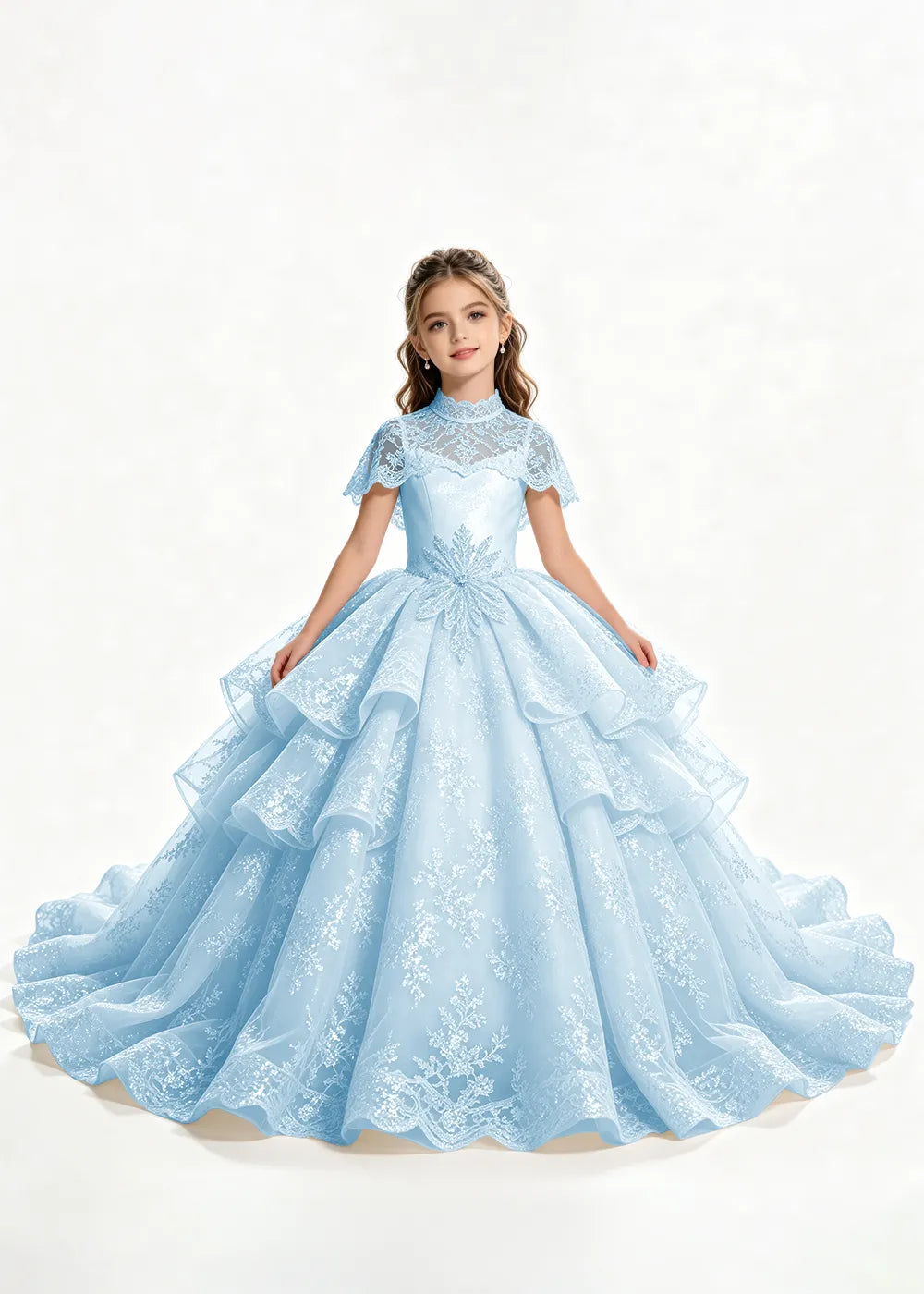 Flower girl dress in Light Blue, front view.