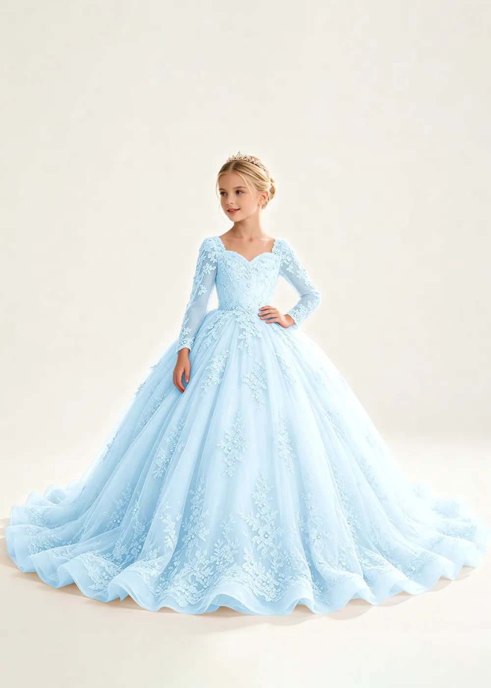 Flower Girl Dress with Long Lace Sleeves and Train