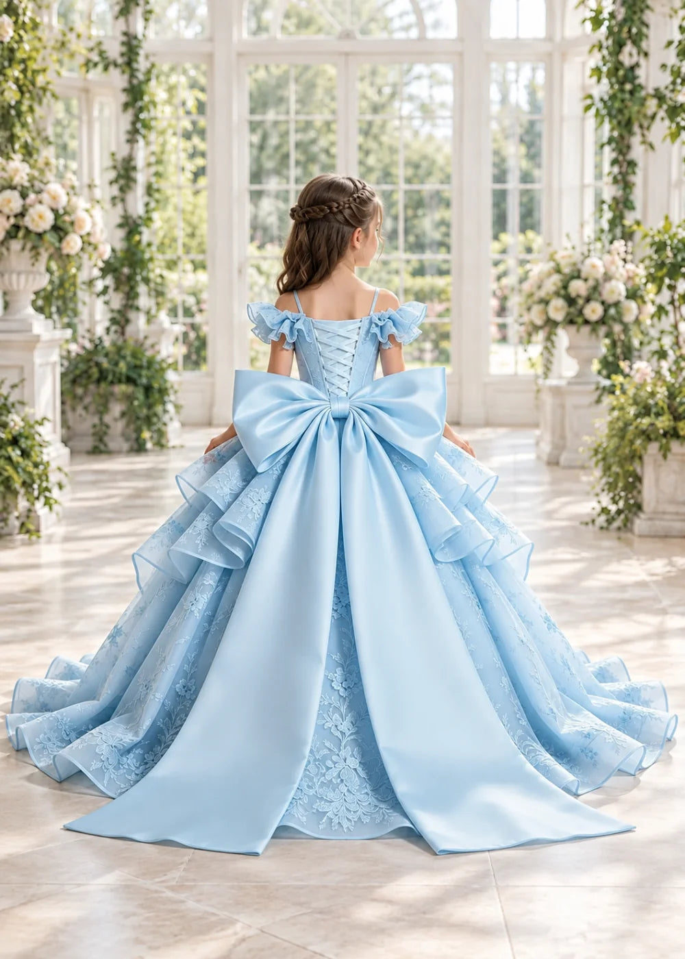 Light Blue Lace-Up Rear-Bow Flower Girl Dress