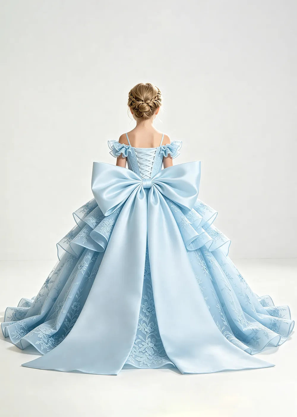 Light Blue Lace-Up Rear-Bow Flower Girl Dress