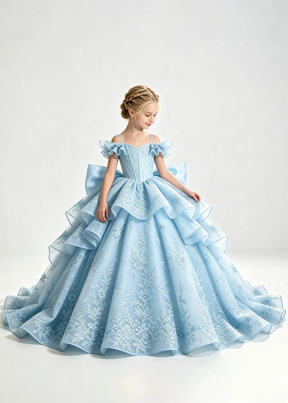 Light Blue Lace-Up Rear-Bow Flower Girl Dress