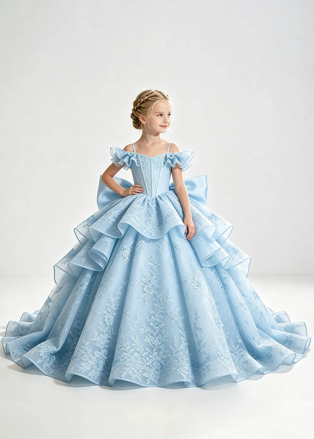 Light Blue Lace-Up Rear-Bow Flower Girl Dress