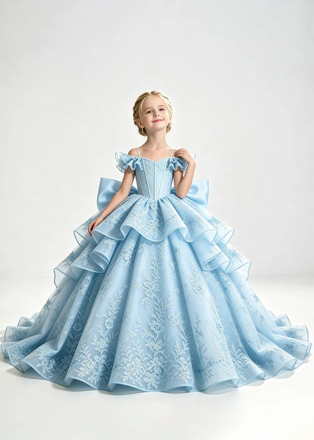 Light Blue Lace-Up Rear-Bow Flower Girl Dress